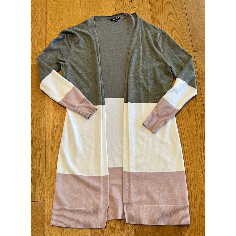 CARDYDONY Women Colorblock Open Front Cardigan Grey White Rose Longline Small